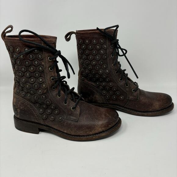 Frye Jenna Disc Dark Brown Studded Lace Up Distressed Leather Boots Size 8 B - Picture 3 of 11